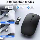 Bluetooth Wireless Mouse For Macbook Air Pro Mac Laptop Ipad Phone, Type C Rechargeable Silent Mice With Jiggler Mouse Mover 4 Mode Bluetooth 5.2/3.0 & 2.4G Usb-A & Usb-C Receiver- Black