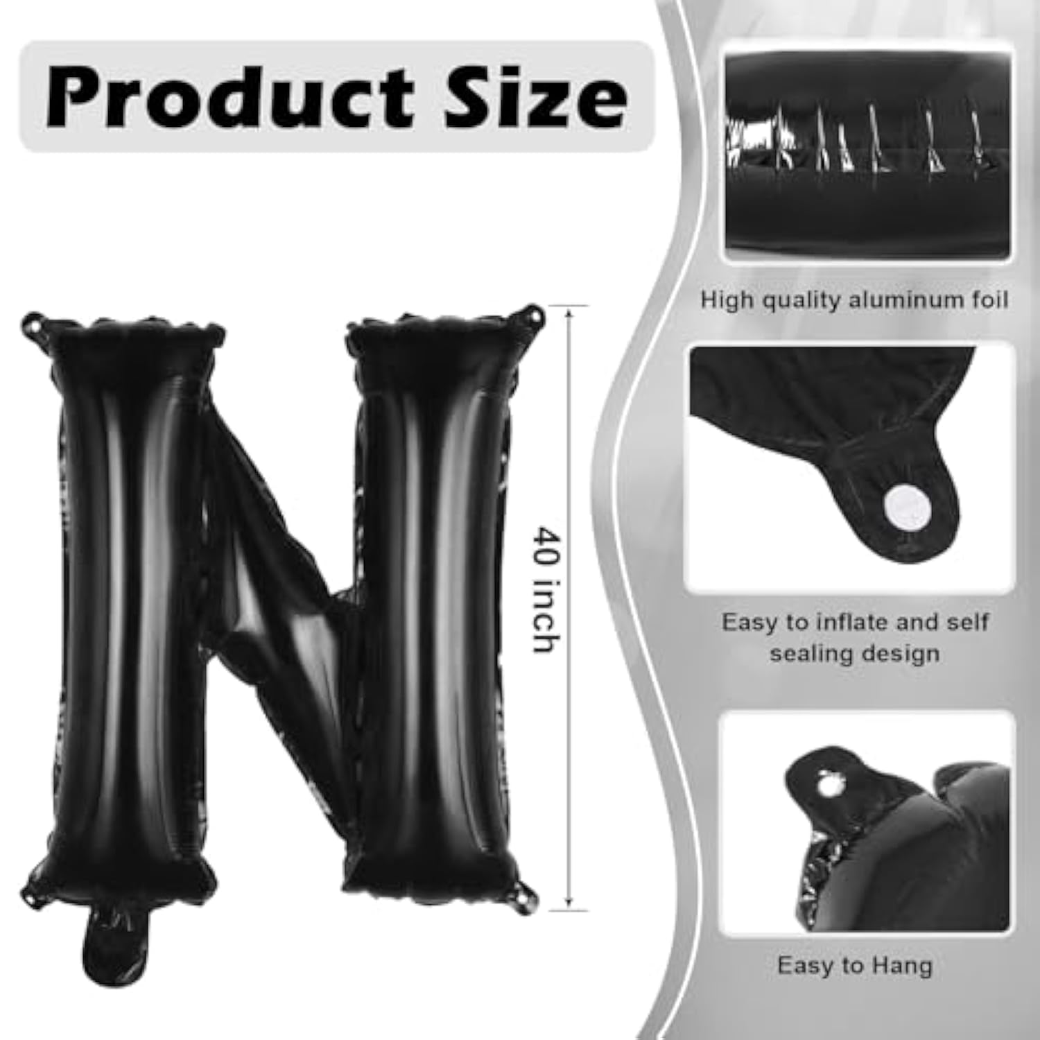 Black Letter N Balloons, 40 Inch Large Foil Letter Balloons, Custom Phrase Balloon For Birthday Party Wedding Anniversary Decoration (Black N)