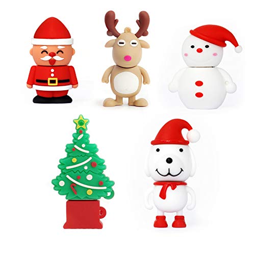 Christmas Usb Flash Drive 5 Pack 8Gb, Novelty Thumb Drive Thanksgiving Memory Stick Santa Claus, Christmas Tree, Elk, Snowman, Dog Pendrive New Year Gift U Disk