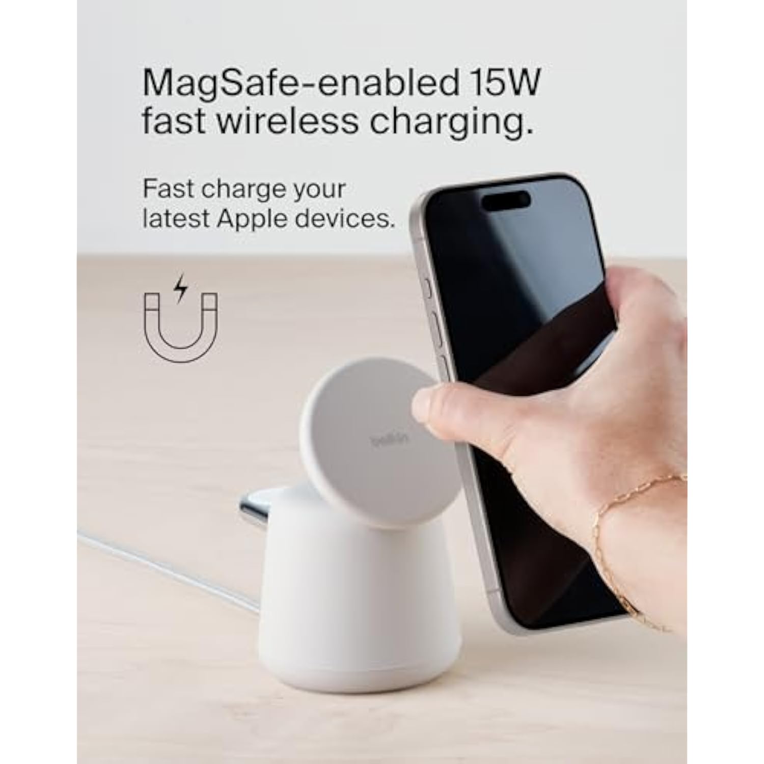 Belkin 2-in-1 MagSafe Wireless Charging Dock 15W Fast Charge iPhone Charger Compatible with iPhone 16, 15, 14, and 13 Series, AirPods, and Other MagSafe Enabled Devices, Includes Power Supply - Sand