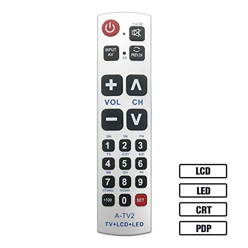 LuckyStar Big Button Universal Remote Control A-TV2, Initial Setting for Lg, Vizio, Sharp, Zenith, Panasonic, Philips, RCA - Put Battery to Work, No