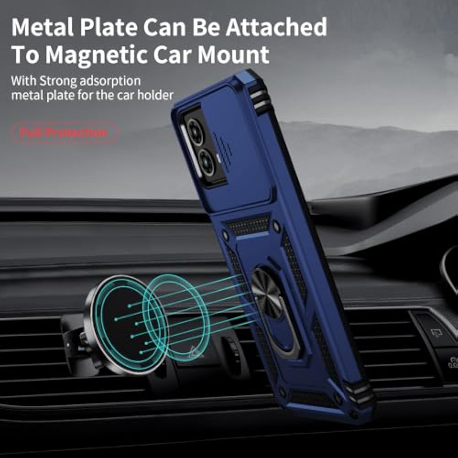 For Moto G Power 5G 2024 Case With Camera Lens Cover Hd Screen Protector, 10 Ft Grade Drop Protection, Magnetic Ring Holder Kickstand Protective Phone Case, Navy Blue