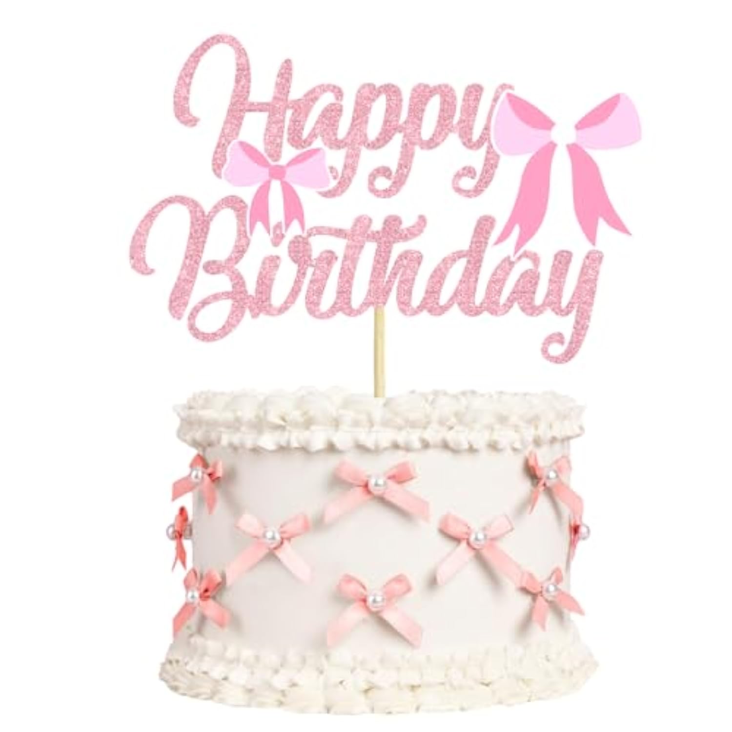 12Pcs Mini Pink Bow And Pearl Cake Toppers, 1 Pc Happy Birthday Sign,Coquette Cake Toppers For Pink Bow Birthday Decorations, Baby Shower, Bridal Shower, Graduation Party, Bachelorette Party