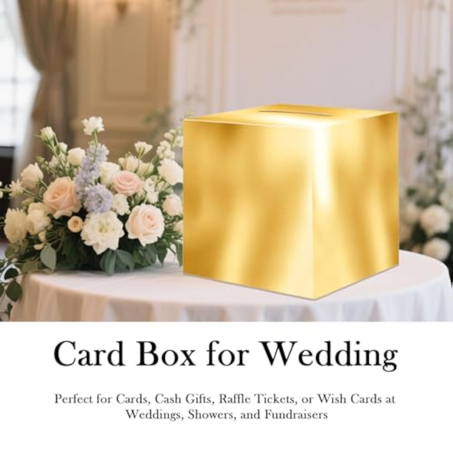 10" gold money box for wedding cards, cash, and raffle tickets at receptions and showers