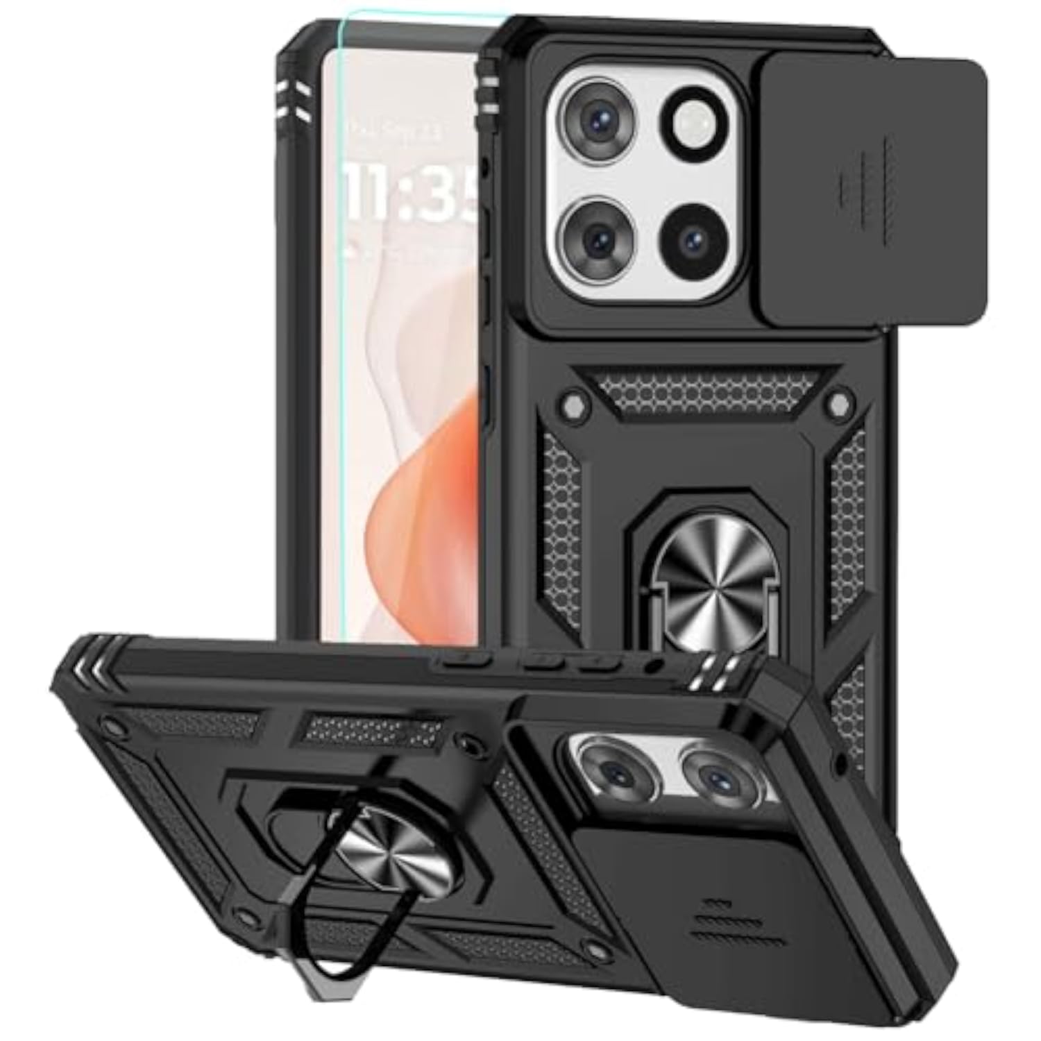 Moto G Stylus 5G 2026/2025 Case with HD Screen Protector and Ring Holder Kickstand Slide Camera Lens Cover Black