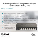 8-Port Gigabit Smart Managed Poe+ Switch 8 Poe+ Ports (64W)L2VlansCable Diagnostics Web Managed Desktop FanlessNdaa Compliant  Protection (Dgs-1100-08Pv2)
