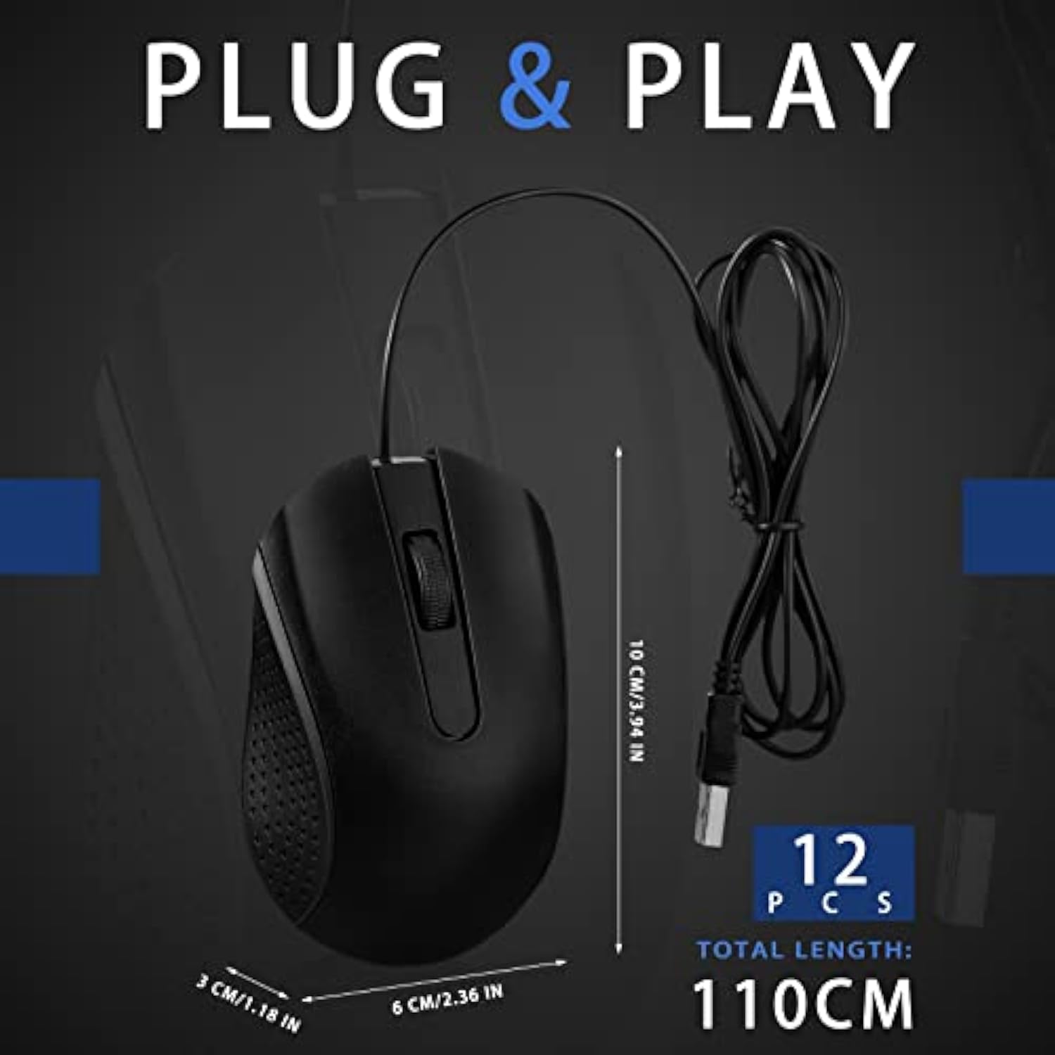 12 Pcs Wired Computer Mouse Bulk Cord Usb Computer Mice Ergonomic Wired Mouse For Pcs, Computers, Laptops, Gaming Office Home Supplies(Black)