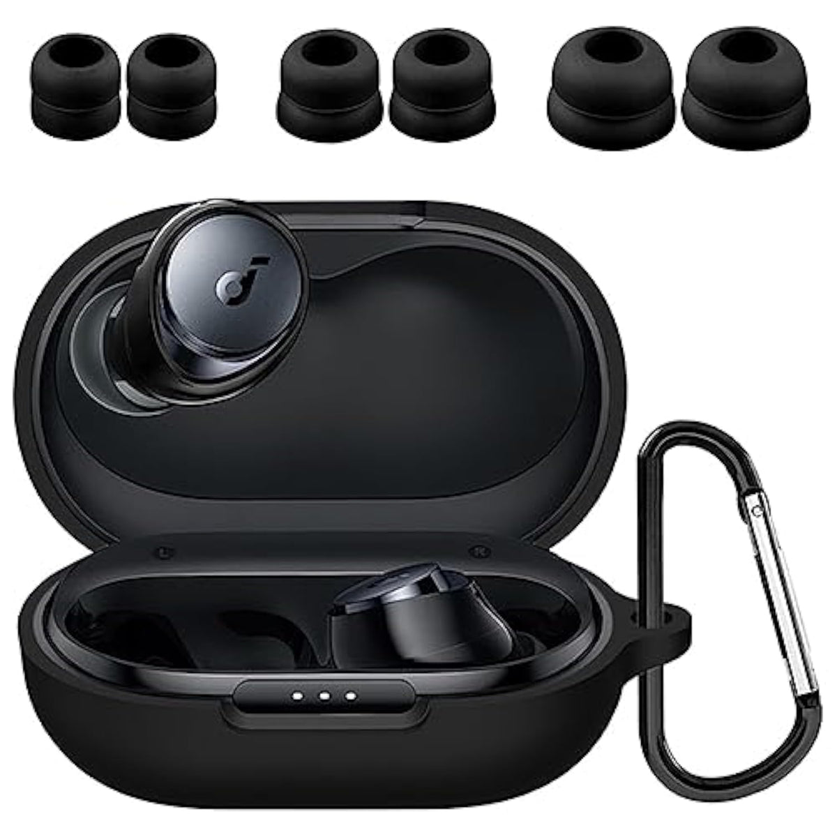 Compatible With Soundcore Space A40 Case Ear Tips Kit, Silicone Cover 3 Pairs Double Flange Eartips With Carabiner Accessories Set Compatible With Soundcore Space A40 Black