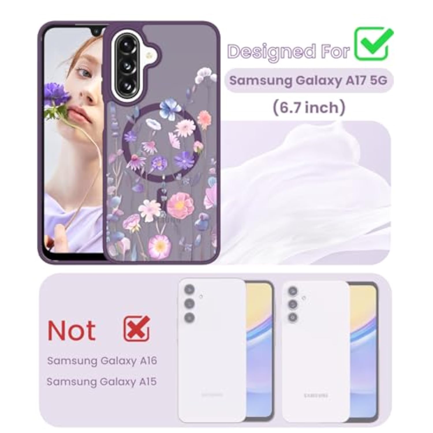 Magnetic Translucent Flower Case for Samsung Galaxy A17 - Deep Purple