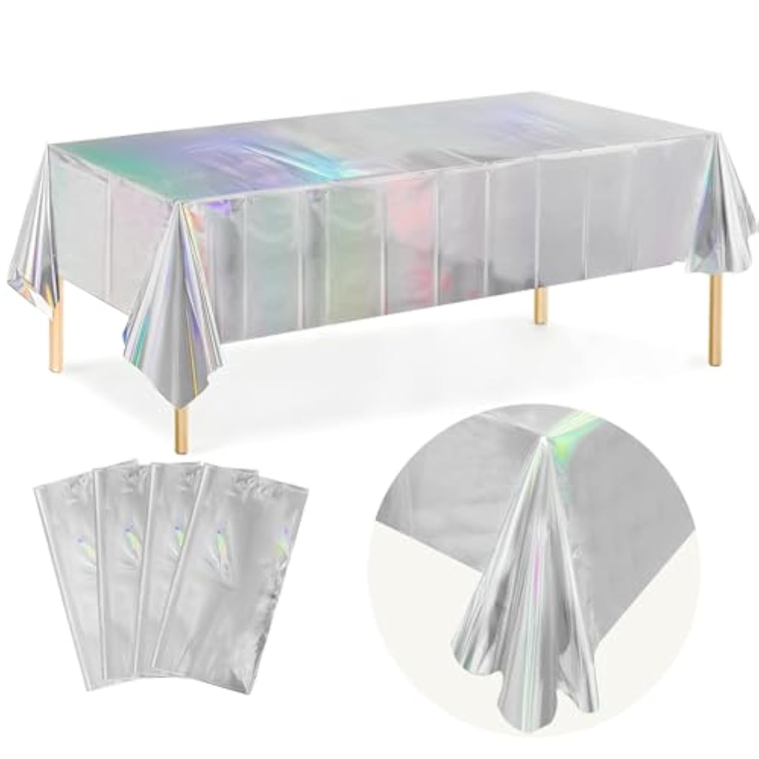 Iridescent Tablecloth Party Decorations 4 Pack, 54" X 108" Plastic Tablecloths Disposable For Birthday Disco, Silver Laser Rectangle Table Covers For Bachelorette Bridal Wedding Decor