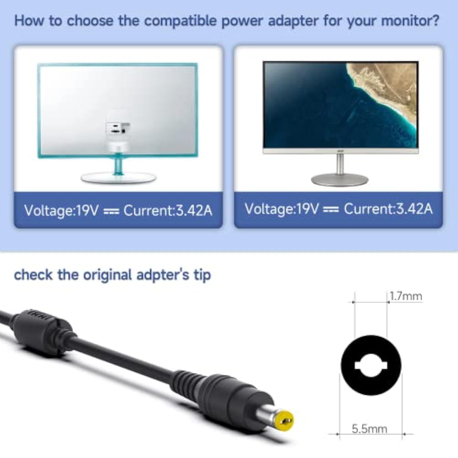19V Adapter Power Cord For Acer Lcd Monitor H236Hl Sa230 G276Hl G246Hl G206Hql