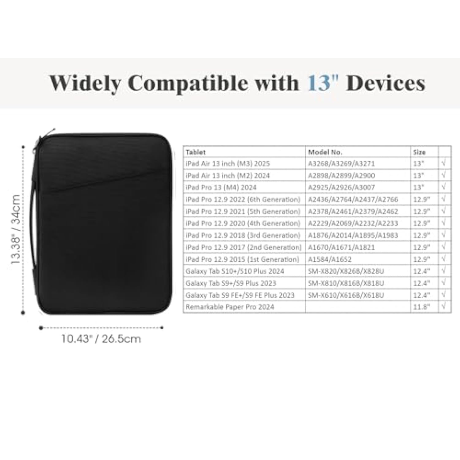 13 Inch Tablet Sleeve For Ipad Air 13" M3 2025, Ipad Pro 13"/12.9", Galaxy Tab S9/S10 Plus/S9 Fe+/S9 Fe Plus 12.4", Remarkable Paper Pro 11.8", Protective Bag With Pockets, Black