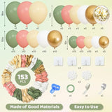 153Pcs Retro Green Pink Balloon Garland Arch Kit, Different Sizes 18 12 10 5 Inch White Dusty Pink Latex Metallic Confetti Balloons For Jungle Safari Birthday Party Baby Shower Decorations