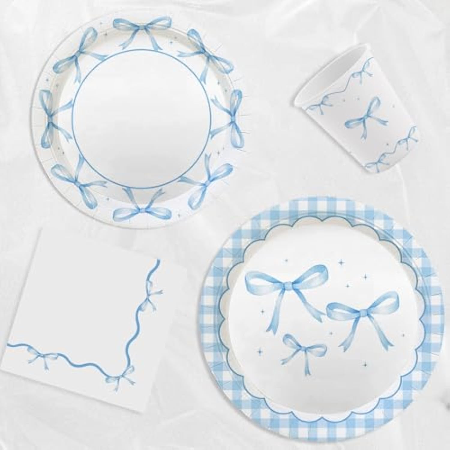 Blue Bow Party Decorations, Baby Blue Bow Plates And Napkins, Light Blue Coquette Birthday Decorations, Bowkont Disposable Dinnerware, Baby Shower Party Tableware Decor, Serves 24