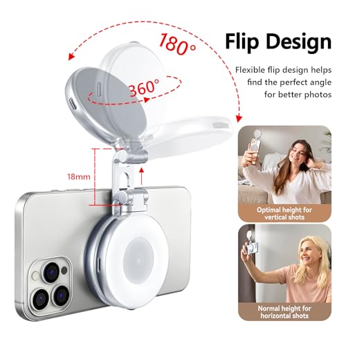 Magnetic Selfie Light, Folding Phone Ring Light Compatible with iPhone Magsafe, CRI97 360° LED Selfie Ring Fill Light with Mirror for Video