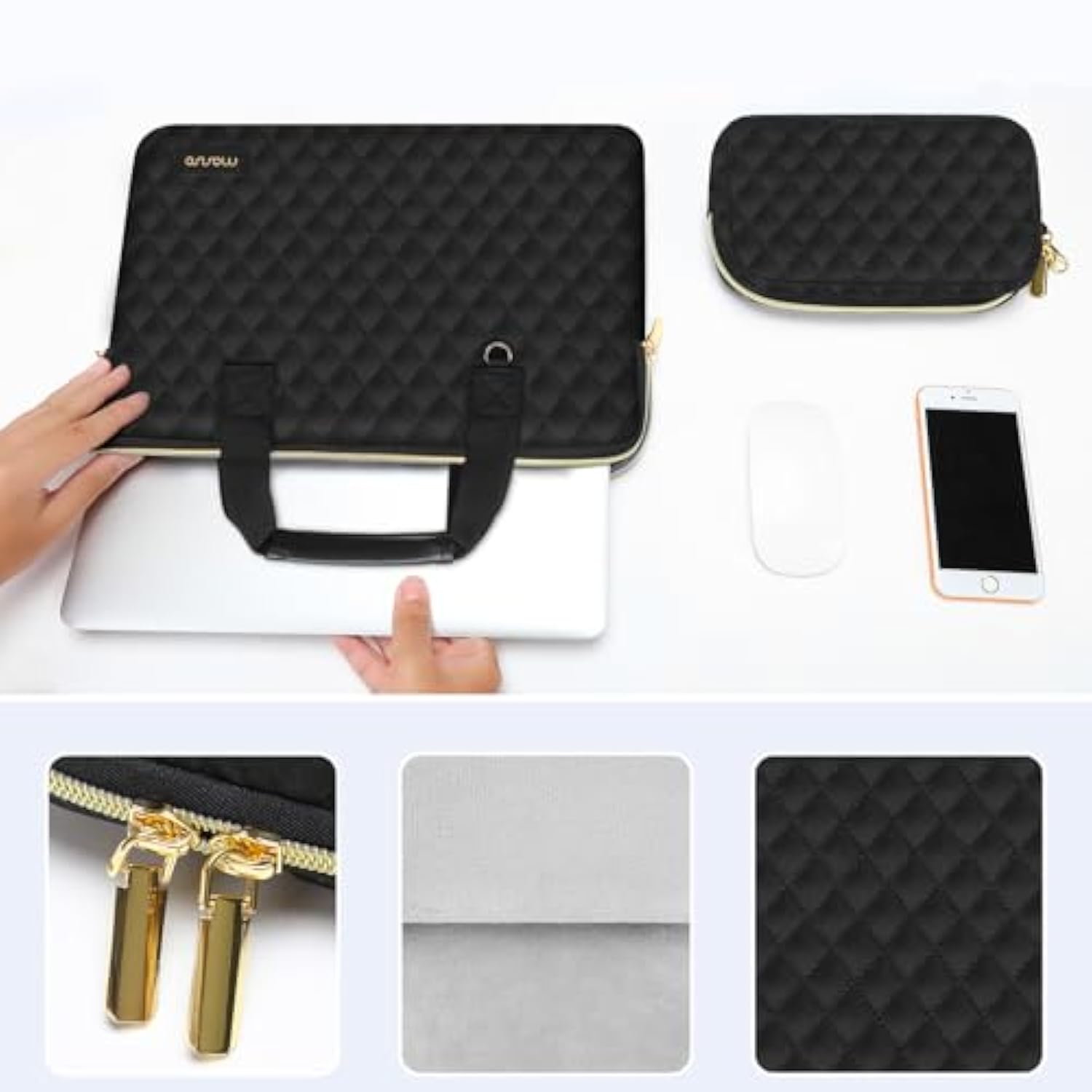 MOSISO Laptop Sleeve Compatible with MacBook Air/Pro, 13-13.3 inch Notebook, Compatible with MacBook Pro 14 inch M4 M3 M2 M1 2025-2021, Square Quilted Bag with Detachable Small Case&Handle, Black