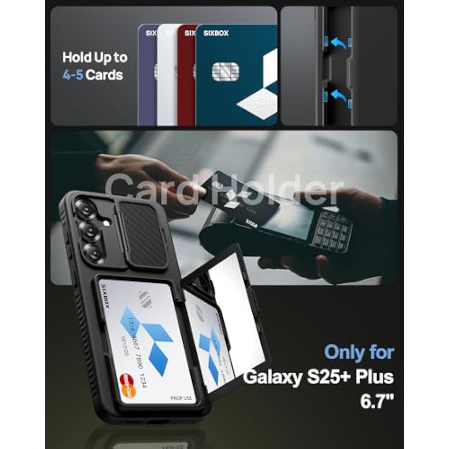 Samsung Galaxy S25+ Plus Rugged Protective Case with Card Holder, Built-in Stand & 2 Pack Screen Protector & Camera Cover, 6.7" 2025, Black