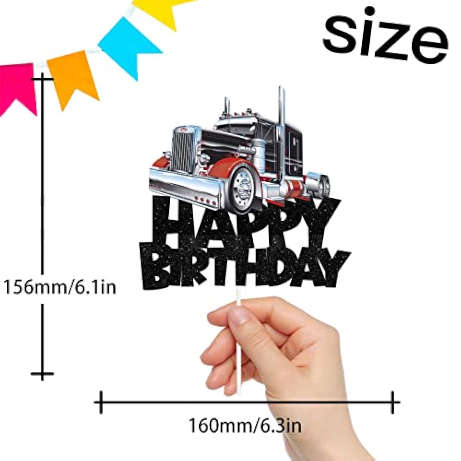 Truck car cake topper pick in black glitter for transportation-themed baby shower or birthday décor