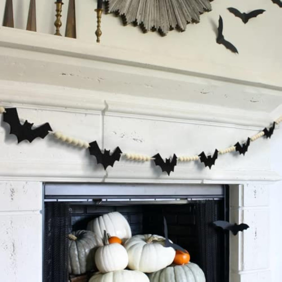Halloween Wood Felt Bat Bead Garland Banner for Indoor Outdoor Fireplace Wall Decor