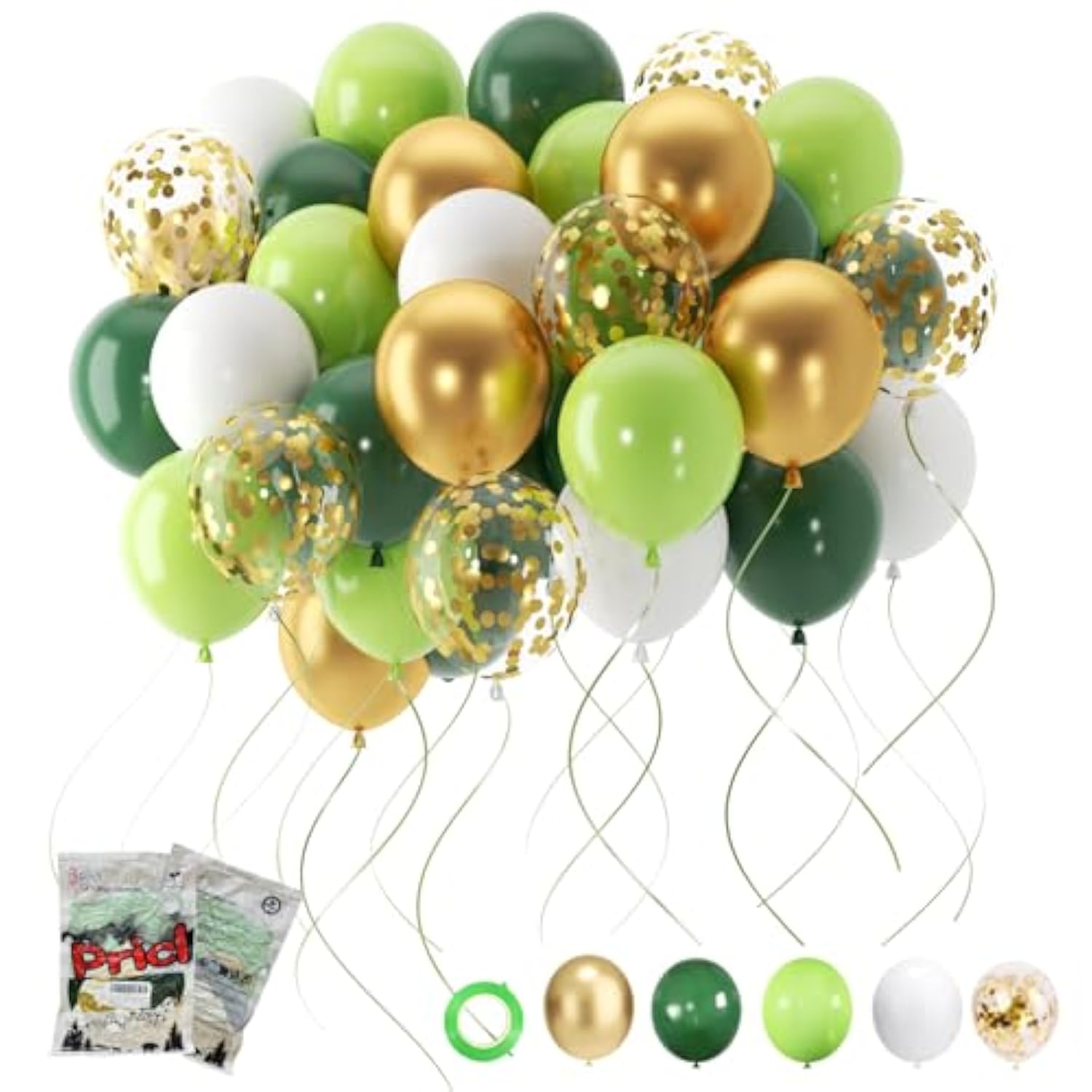 Green And Gold Balloons, 60 Pcs 12 Inches Dark Light Green Balloons Metallic Chrome Gold Confetti Balloon White Latex Ballons For Birthday Jungle Safari Theme Decorations