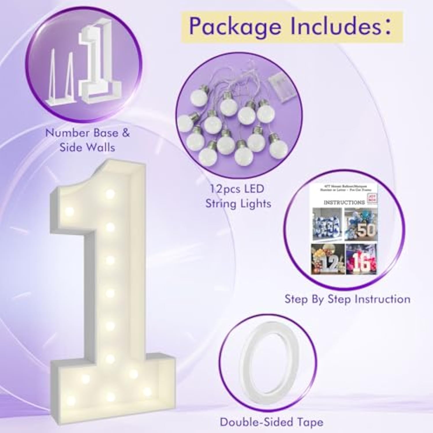 4Ft Light Up Numbers Pre-Cut Frame Giant Marquee Numbers 1, Mosaic Numbers For Balloons, First 1St 21St Birthday Anniversary Decorations Party Decor