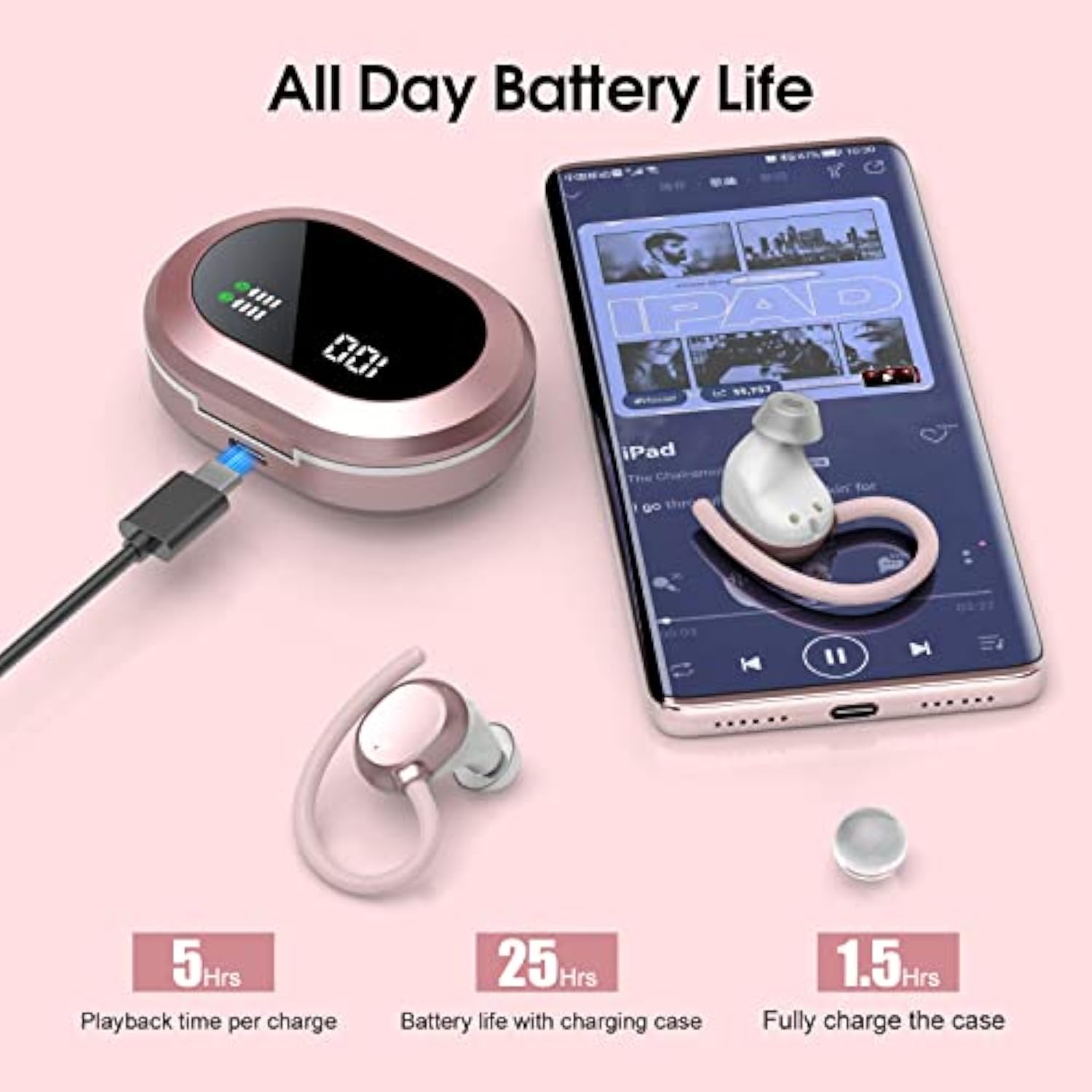 Ear Buds Wireless Earbuds, Hifi Stereo Bluetooth 5.3 Running Headphones With Dual Led Display 30Hrs Playtime, Builtin Mic, Typec, Inear Bluetooth Earphones With Earhooks For Sport, Rose Gold