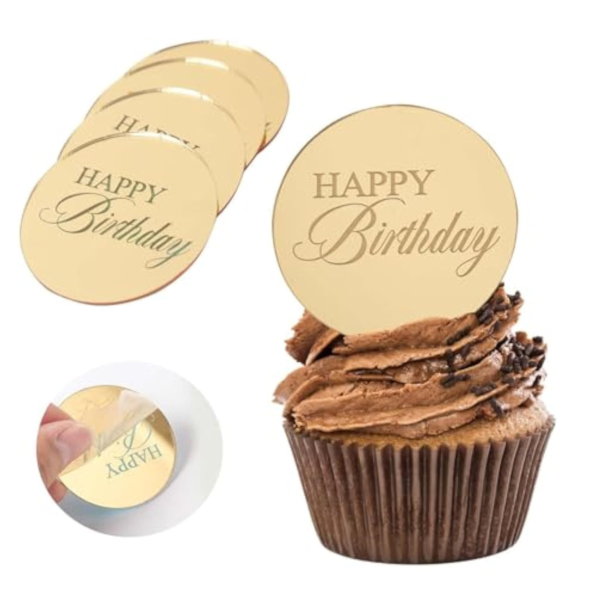 20Pcs Gold Mirror Acrylic Cupcake Toppers Acrylic Engraved Cake Picks Cupcake Disc Happy Birthday Cake Decoration Circle Round Shape Diy Party Supplies