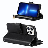 For Iphone 13 Pro Phone Wallet Case With Card Holder, Crossbody Strap Shoulder Lanyard, Zipper Pocket Pu Leather Case, 6.1" Black