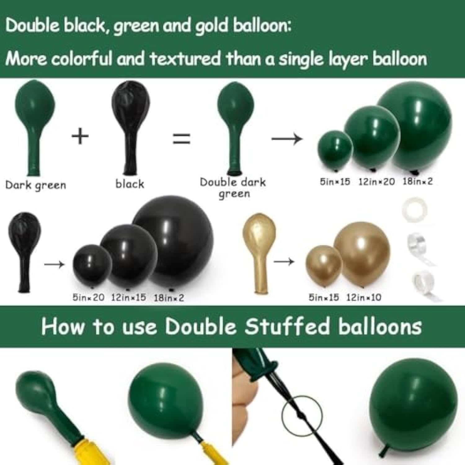100pcs Black, Green, Gold Balloon Garland – Double Stuffed for Jungle Party Decor