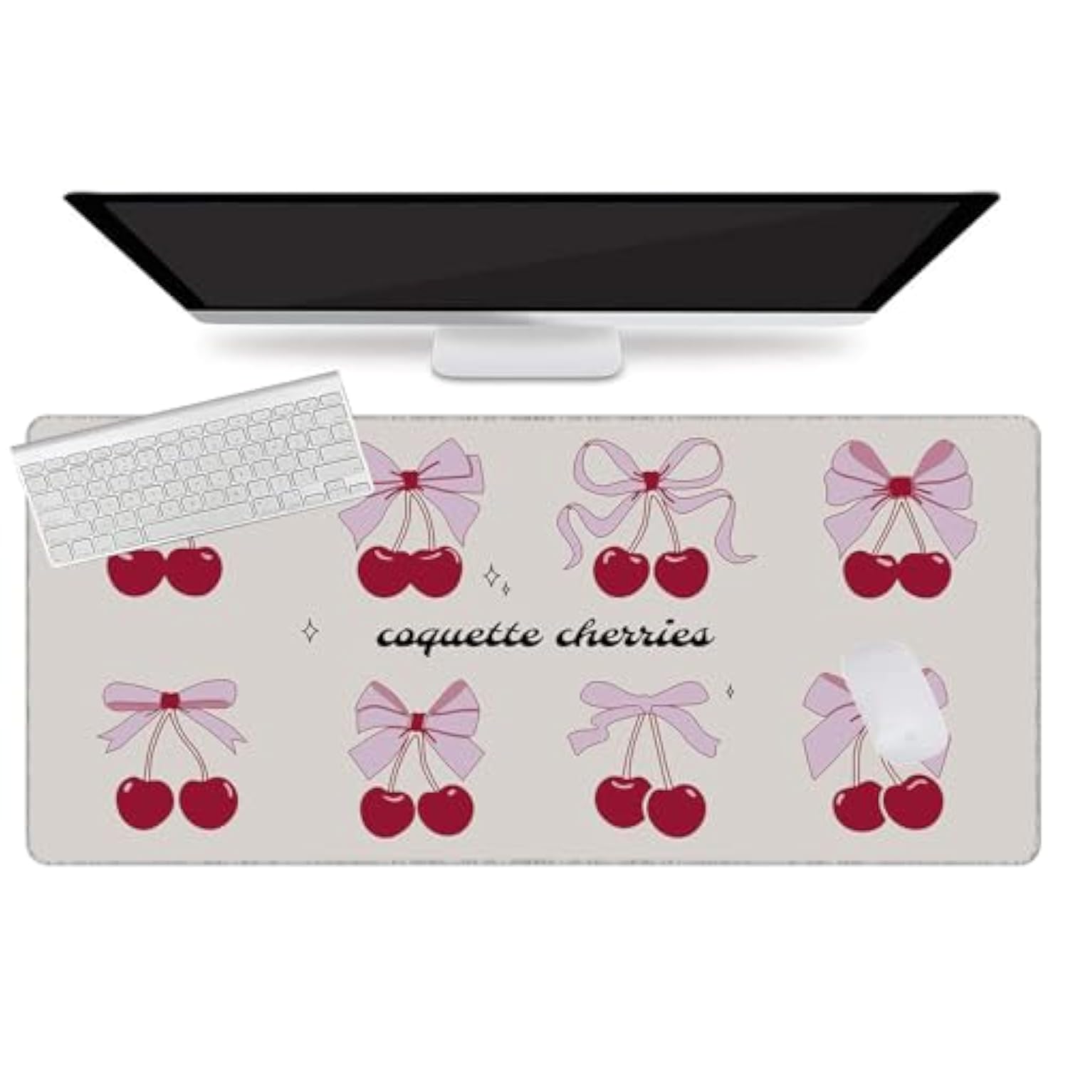 Cherry Bow Desk Mat Coquette Aesthetic Gaming Mouse Pad Large Xxl Mouse Pad Cute Non-Slip Rubber Base Keyboard Pad Waterproof Girly Desktop Mat For Laptop Computer Work Game Home Office-Cherry Bow