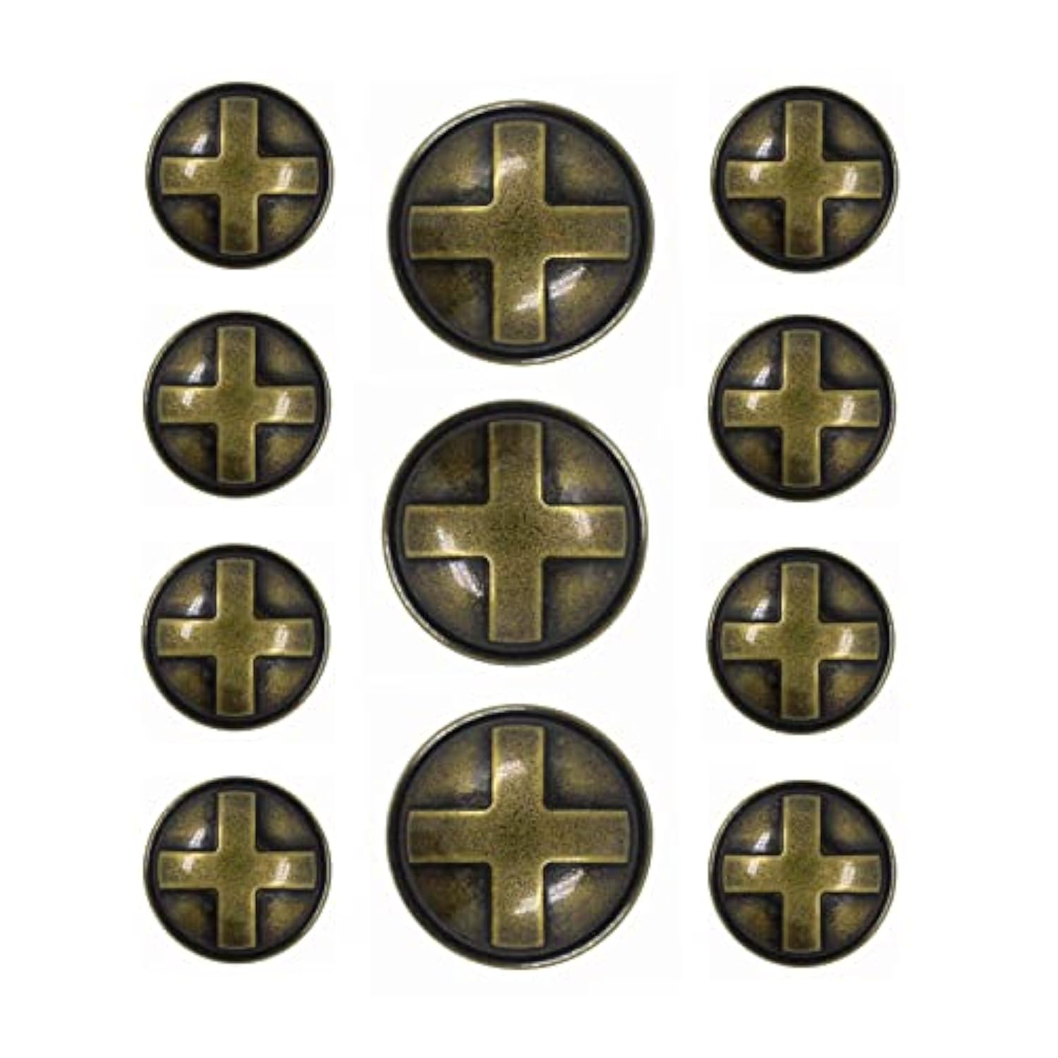 Cross Domed Antique Brass Metal Shank Buttons. Blazer Button Set. 3 Pc
