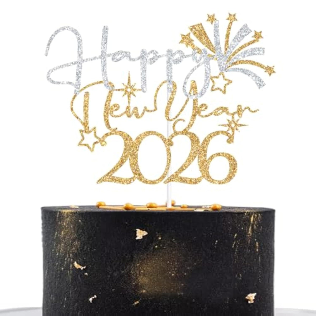 Happy New Year 2026 Cake Topper Gold Glitter Party Decorations