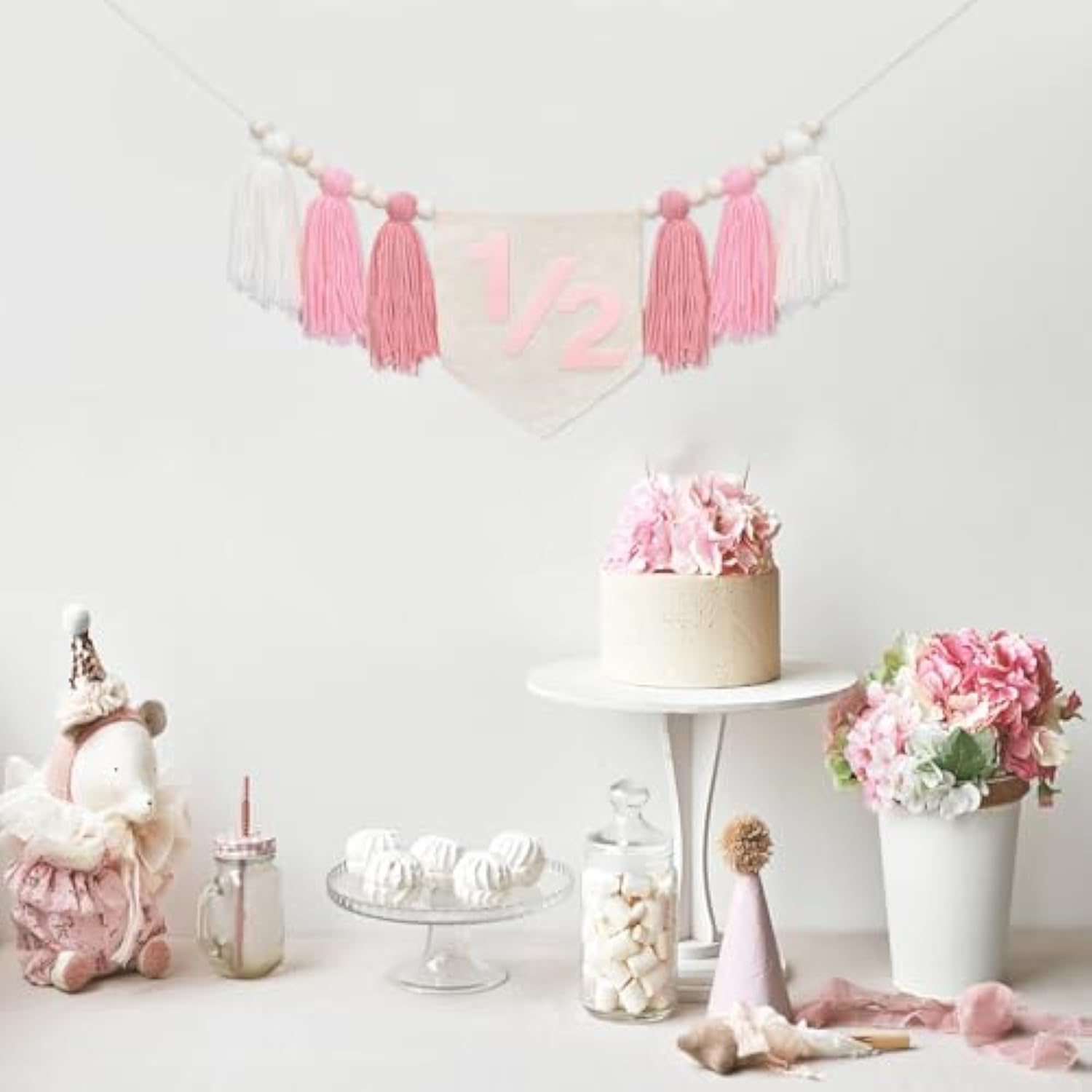 Girls Half Birthday Decorations 6 Month 1/2 Birthday Pink Tassel High Chair Banner