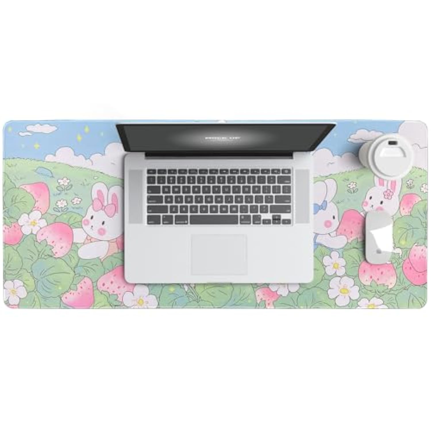 Large Rubber Mouse Pad 35.4" X 15.7"X0.12", Long Cute Mouse Keyboard Mat For Office Home & Gaming, Rabbits & Strawberry