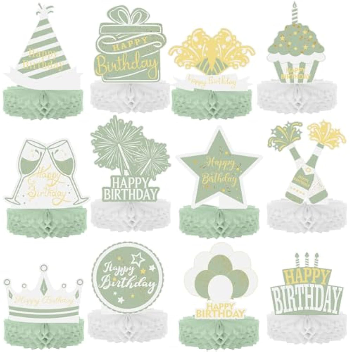 12-Piece Sage Green and Gold Birthday Honeycomb Centerpieces for Any Party