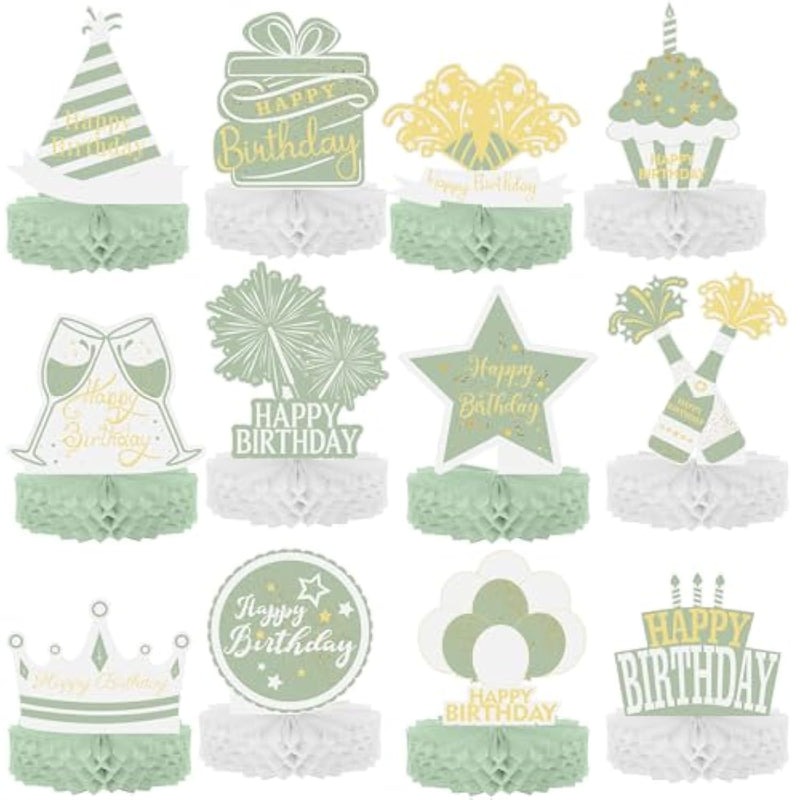 12 Pcs Sage Green Gold Happy Birthday Decoration Gold Honeycomb Centerpieces Party Supplies Balloon Crown Paper Centerpiece Table Decorations Royal For Men Women Party