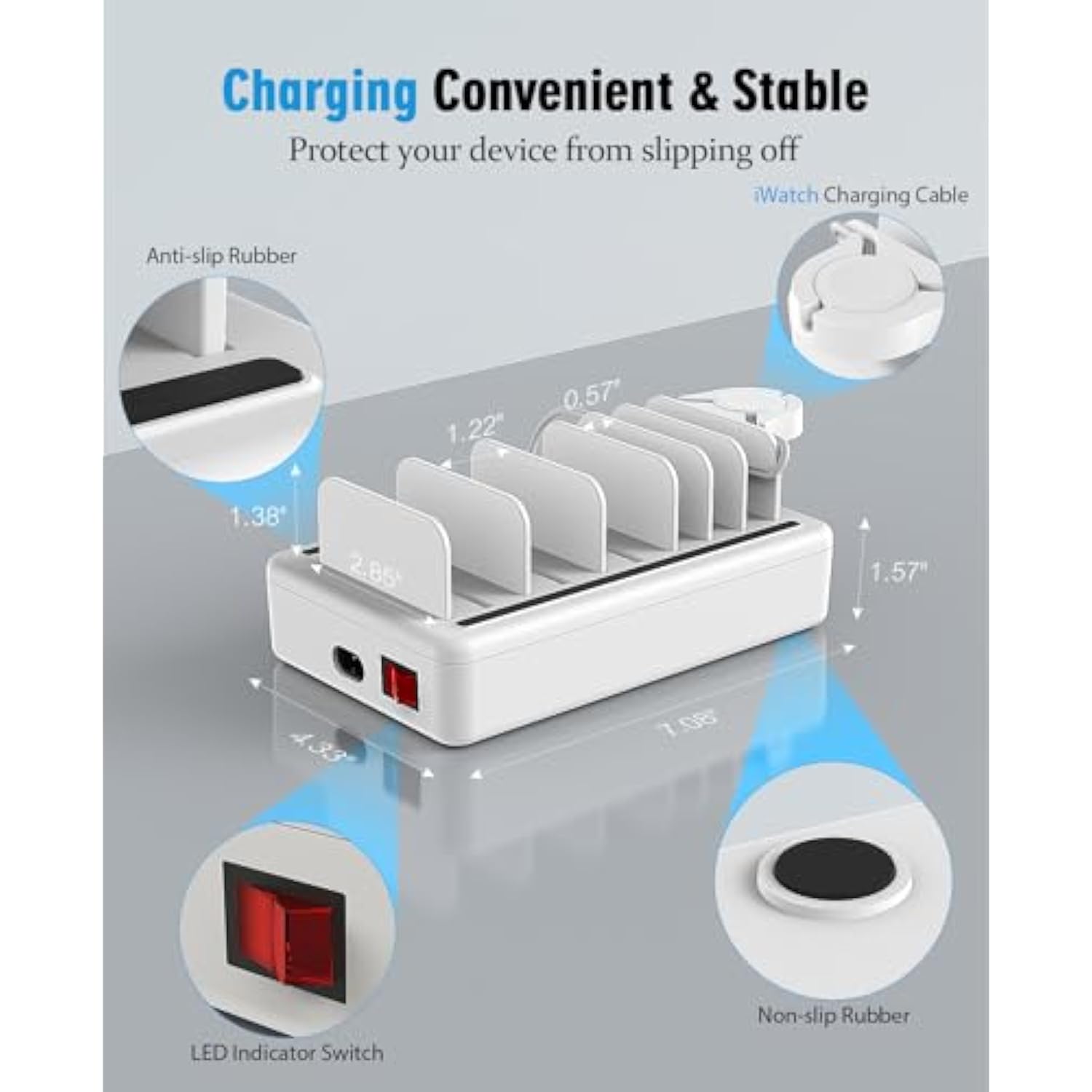Charging Station Multiple Charger Station - 2025 New 6-Port Usb Fast Charging Dock 50W Organizer Station With Watch Charger For Iphone|Android Cell Phone|Ipad|Kindle|Watch|Tablet