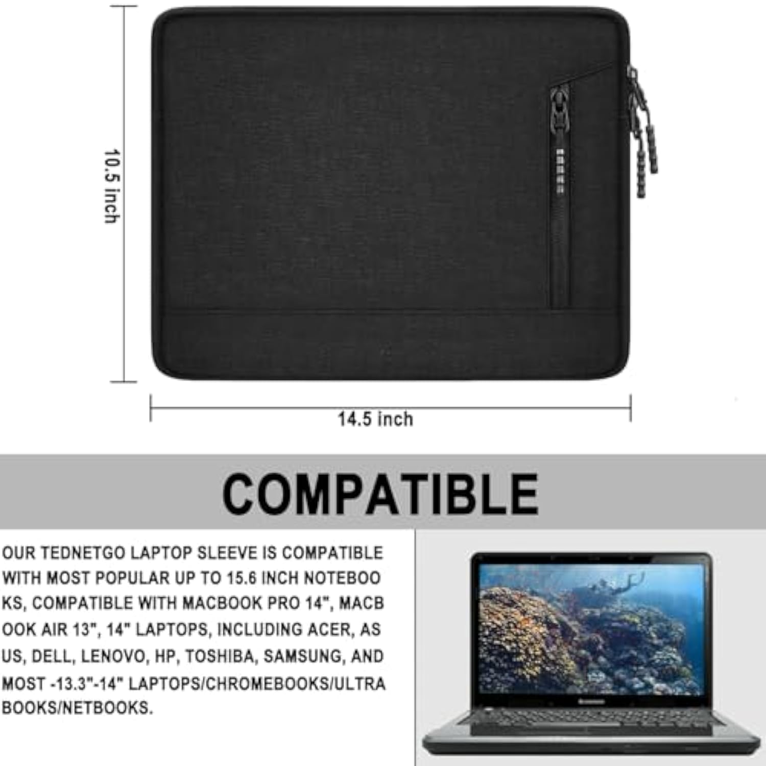 Laptop Sleeve 14 Inch, Shockproof Protective Laptop Case For Apple Macbook Pro, Water Resistant Portable Monitor Computer Bag With Pockets Computer Cover For Hp, Dell, Lenovo, Asus, Black