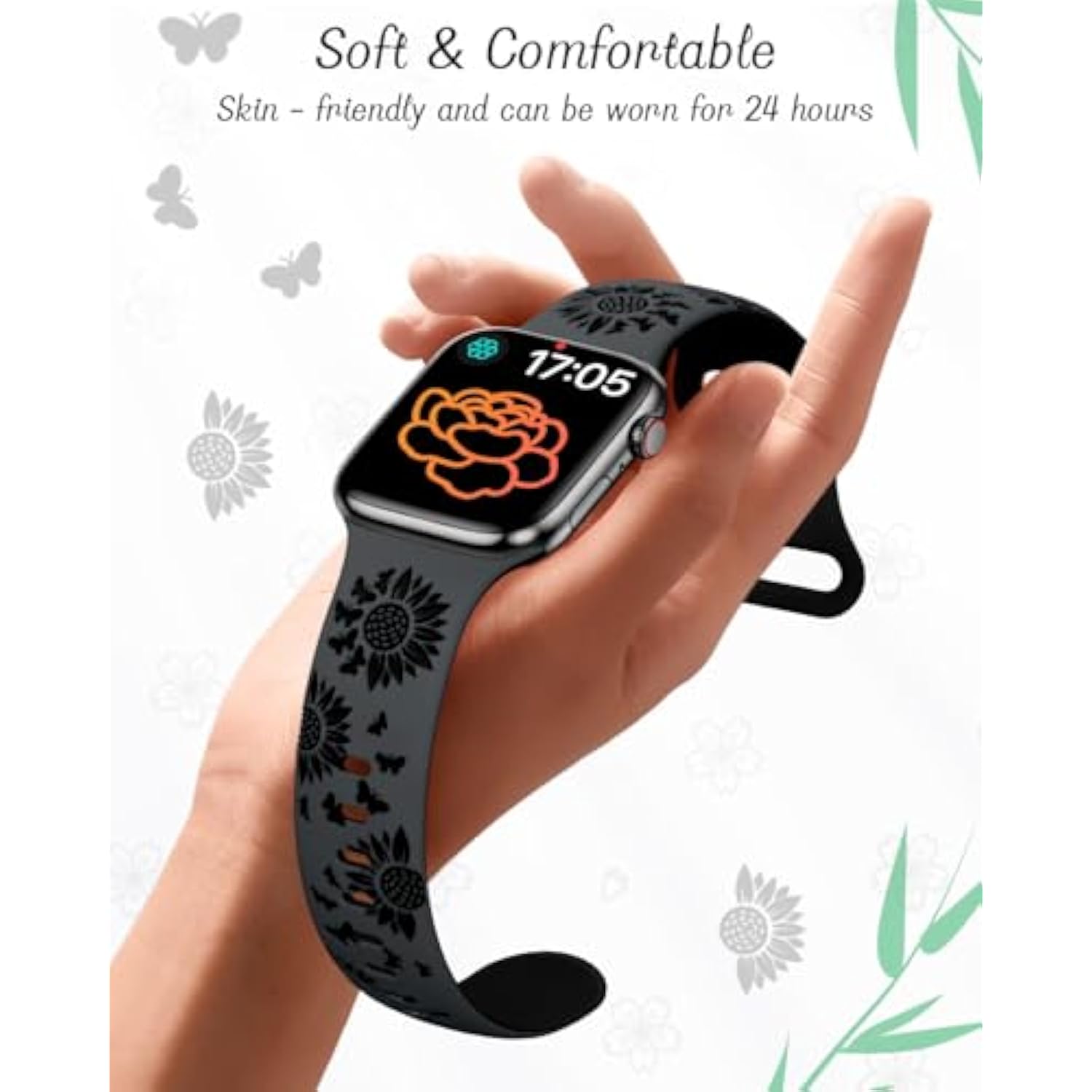 Floral Silicone Apple Watch Band for Women, Sunflower Design, Multiple Sizes