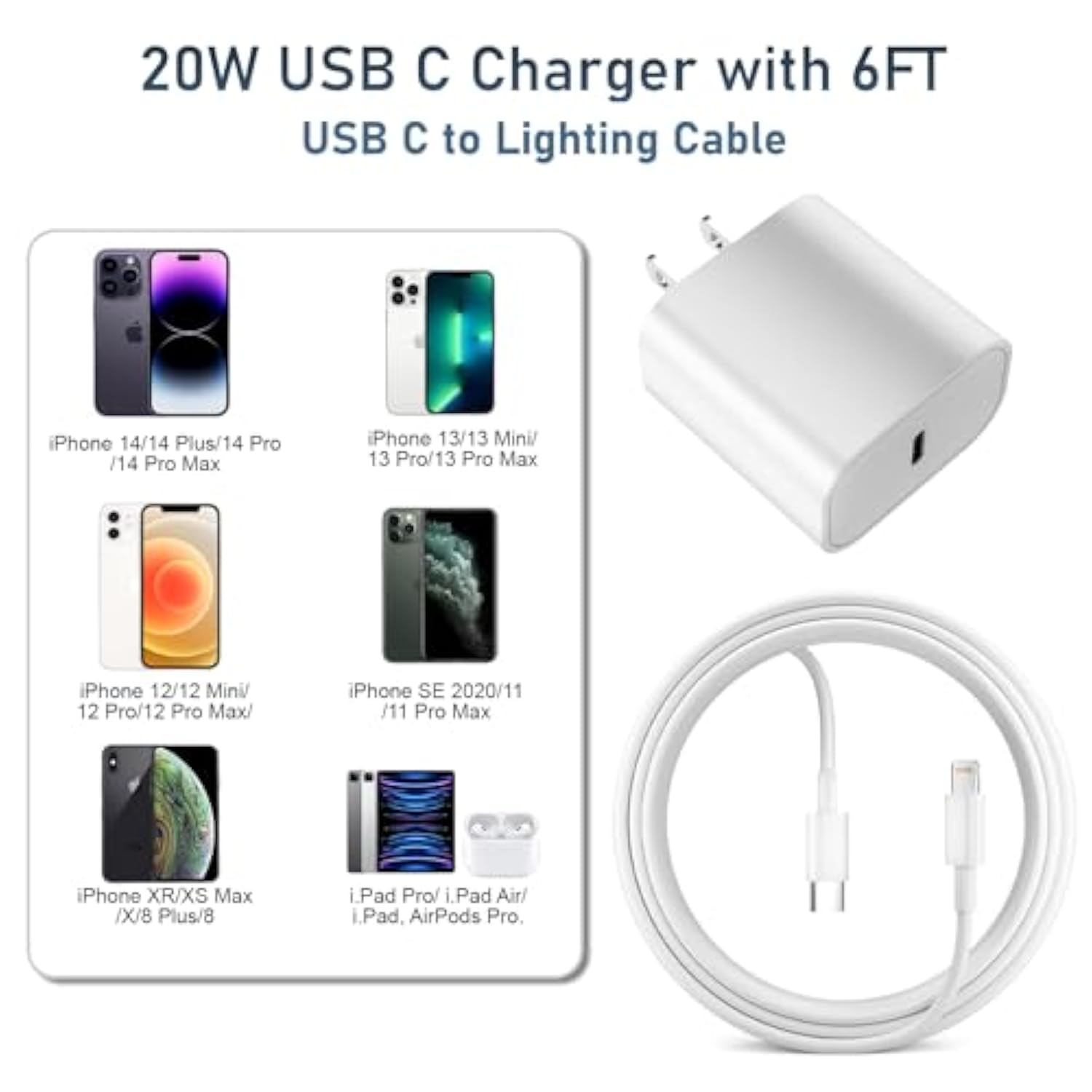 Charger For Iphone 14 Fast Charging, 20W Usb C Wall Charger Block With 6Ft Long Charging Cord Cable For Iphone 14 Charger/14 Pro Max/13/13 Pro Max/12/12 Pro Max/11/Xr/Xs/X And More