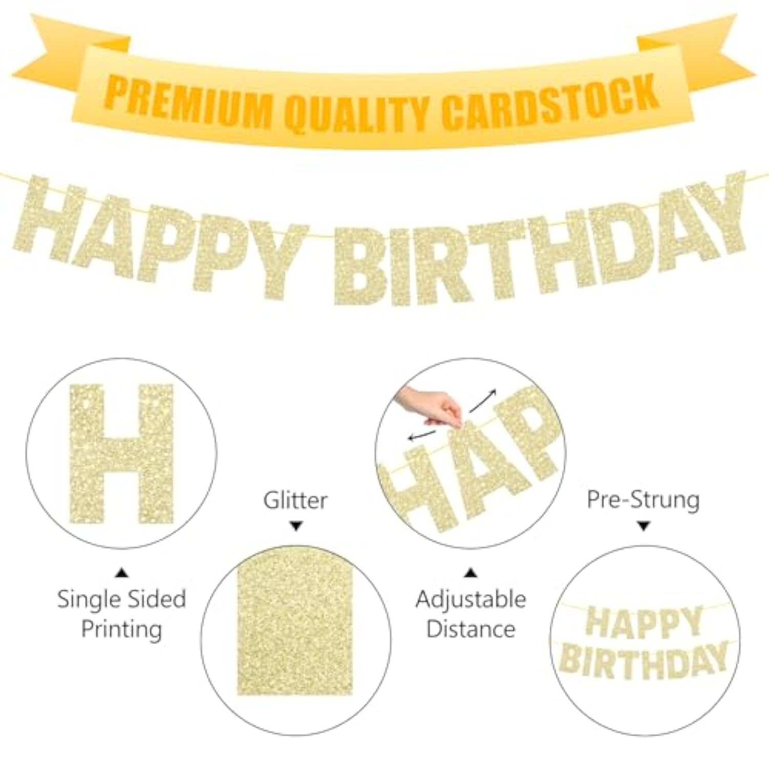 Pre-Strung Glitter Gold Happy Birthday Banner for Party Decorations