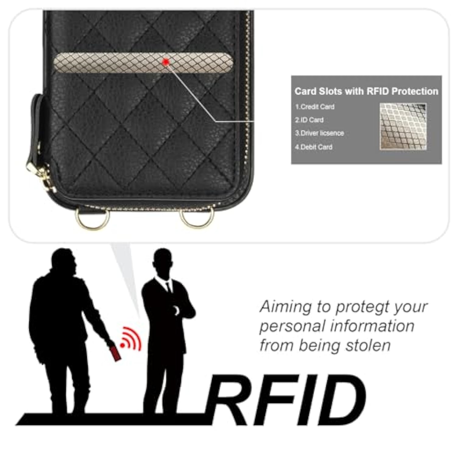 Crossbody Wallet Case For 16 Pro Max, Rfid Blocking Pu Leather Zipper Handbag Purse Flip Cover, Kickstand Folio Case With Card Slots Holder Wrist Strap Lanyard 5G 6.9 Inch (Black)