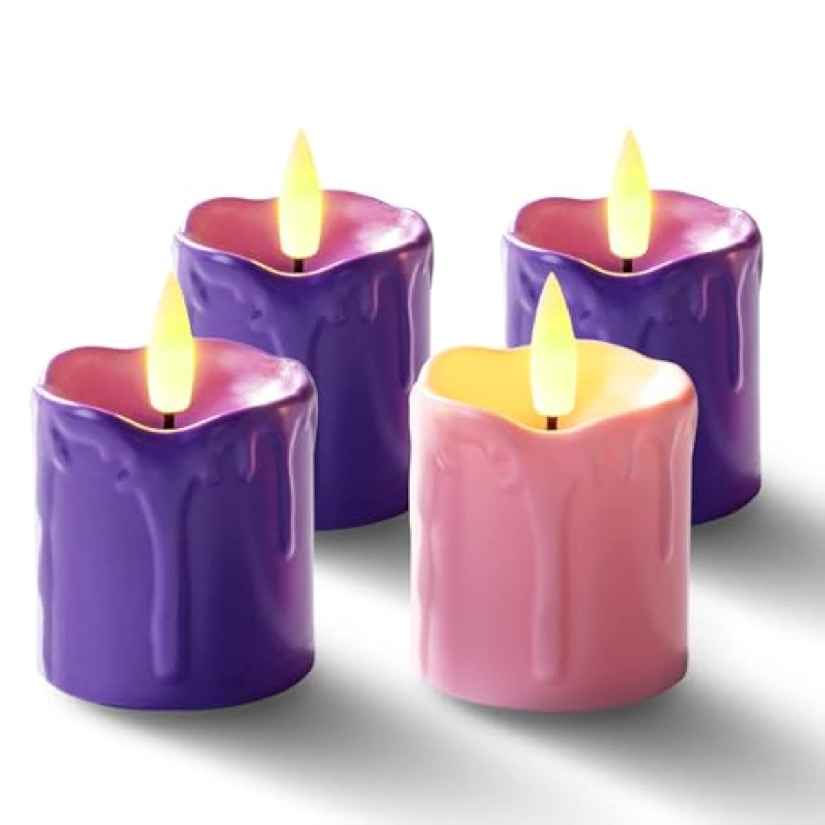 Purple And Pink Advent Candles Set Of 4, 400+ Hours Long Lasting Flickering Flameless Led Votive Candles With Timer, 2" X 2" Melted Candles For Christmas Advent Rituals And Wreath