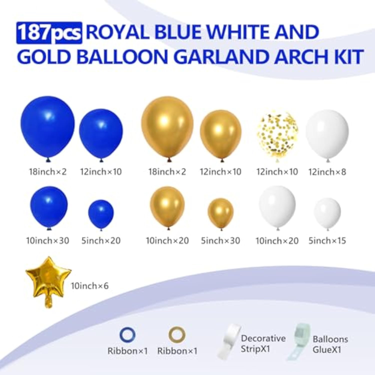 187Pcs Royal Blue And Gold Balloons Arch Garland Kit, 5 10 12 18Inch Royal Blue And Gold White Balloons With Gold Foil Balloons For Baby Shower Anniversary Wedding New Year Birthday Party Decorations