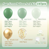 147Pcs Sage Balloon Garland Arch Kit, Green Olive Pastel Metallic Confetti Gold For Birthdays, Safaris, Weddings, Baby Showers