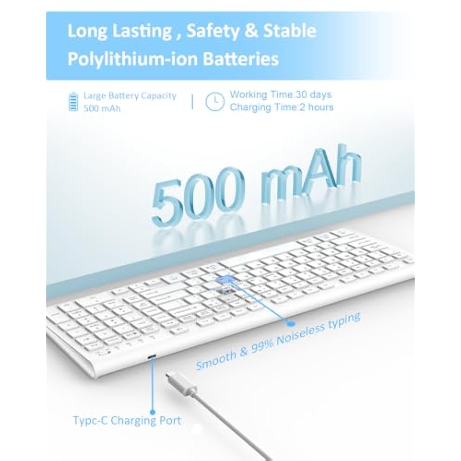 Wireless Keyboard, Bluetooth + Usb Ergonomic Silent Quiet Rechargeable With Number Pad Compact Full Size Multi Device Keyboards For Ipad Tablet Mac Computer Surface Pc Macbook Laptop White