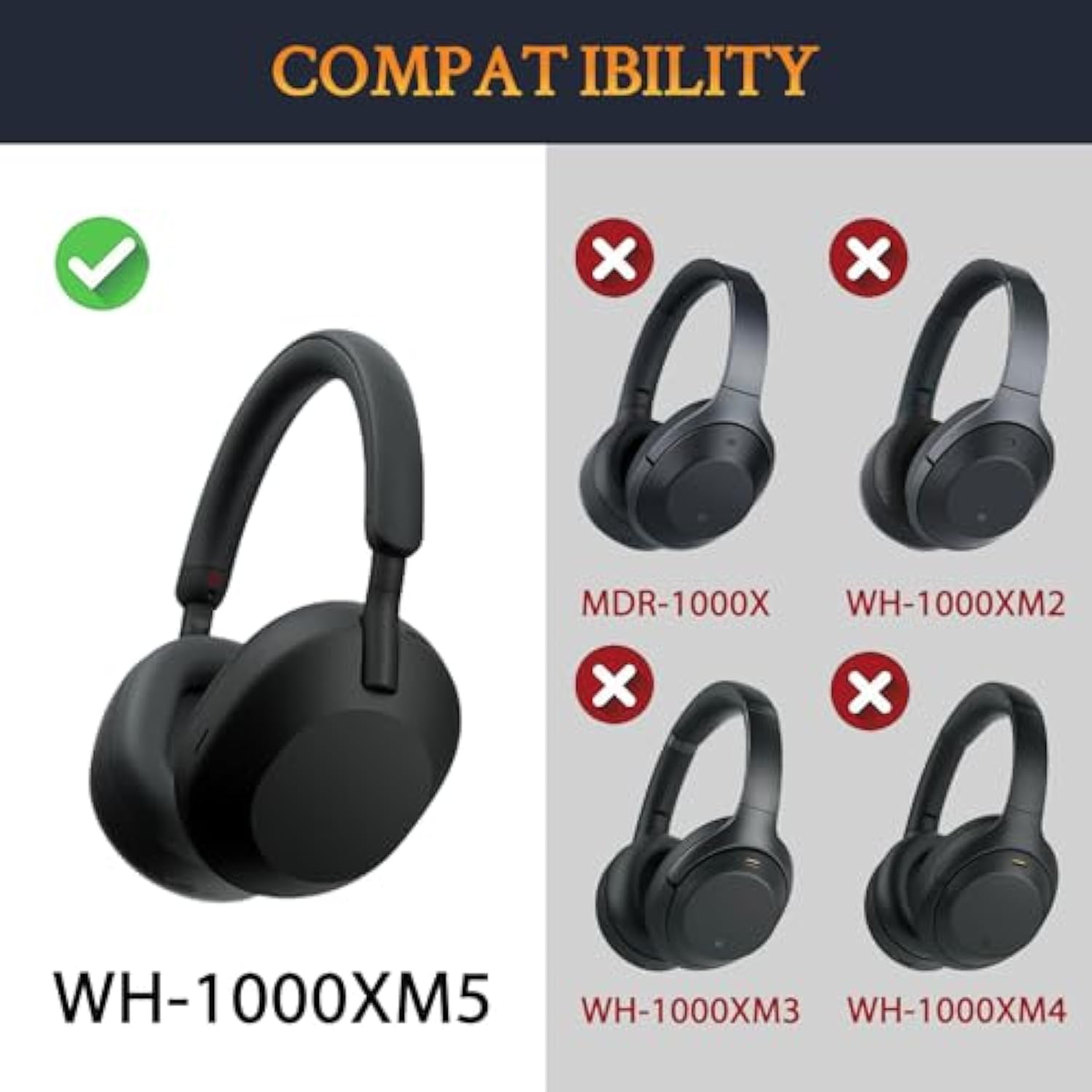 Protein Leather Replacement Earpads For Sony Wh-1000Xm5 (Wh1000Xm5) Noise Canceling Headphones, Ear Pads Cushions With Noise Isolation Memory Foam, Added Thickness - Black