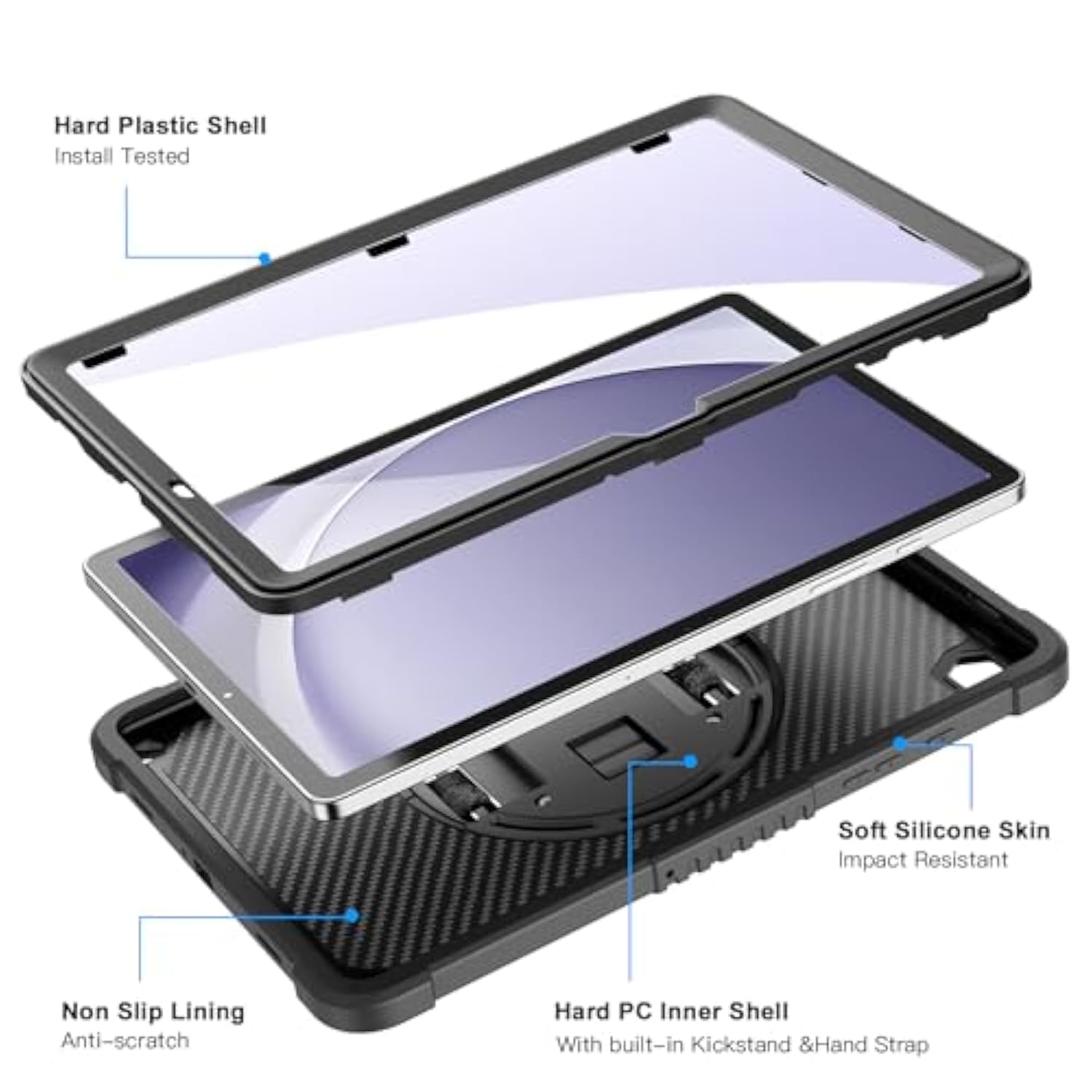 For Samsung Galaxy Tab A9+ / A9 Plus 11'' 2023 (Smx210/X216/X218), Shockproof Hard Duty Case With Screen Protector+360 Rotating Hand Strap&Stand+Shoulder Strap For Tab A9+ Tablet, Black