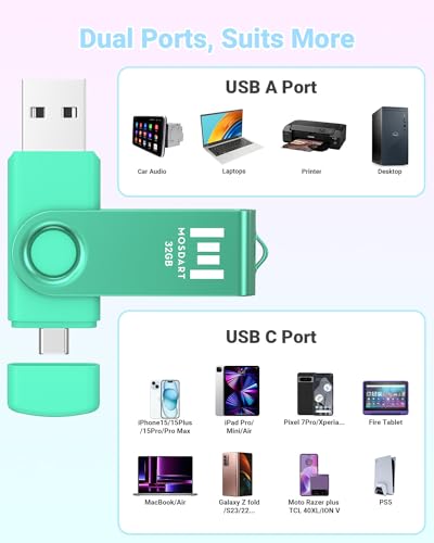 32Gb Usb 2.0 C And A Dual Flash Drive, Fat32 Memory Stick, For Iphone 15,16,17, Android Phone, Ipad, Macbook, And Other Laptops, Vibrant Colors (Pack Of 5)