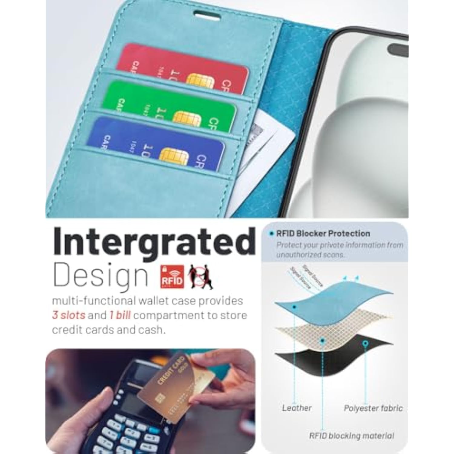 iPhone 16 Wallet Case, PU Leather Folio with Card Holders, RFID, Kickstand, Ice Blue